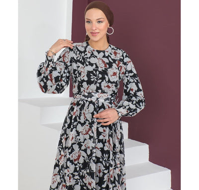 Modefa Dress Modest Women's Dress Floral 7999-57 - Black & Rusty Brown