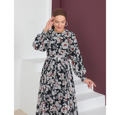 Modefa Dress Modest Women's Dress Floral 7999-57 - Black & Rusty Brown