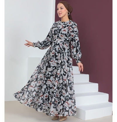 Modefa Dress Modest Women's Dress Floral 7999-57 - Black & Rusty Brown