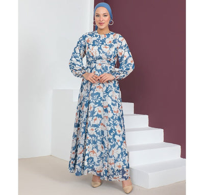 Modefa Dress Modest Women's Dress Floral 7999-57 - Blue & Orange