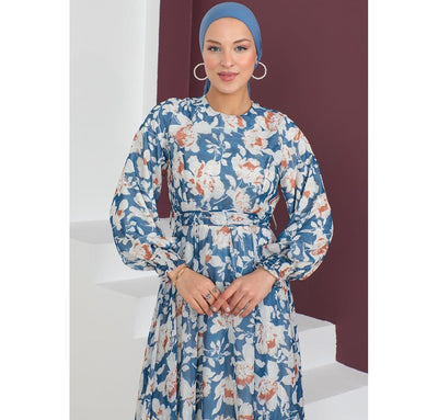 Modefa Dress Modest Women's Dress Floral 7999-57 - Blue & Orange
