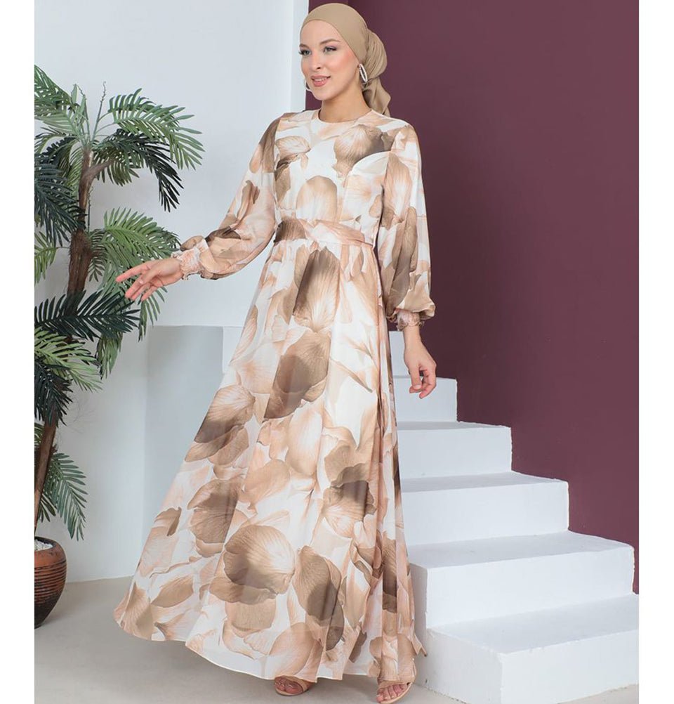 Modefa Dress Modest Women's Dress Flower Petal 7999-55 - Beige