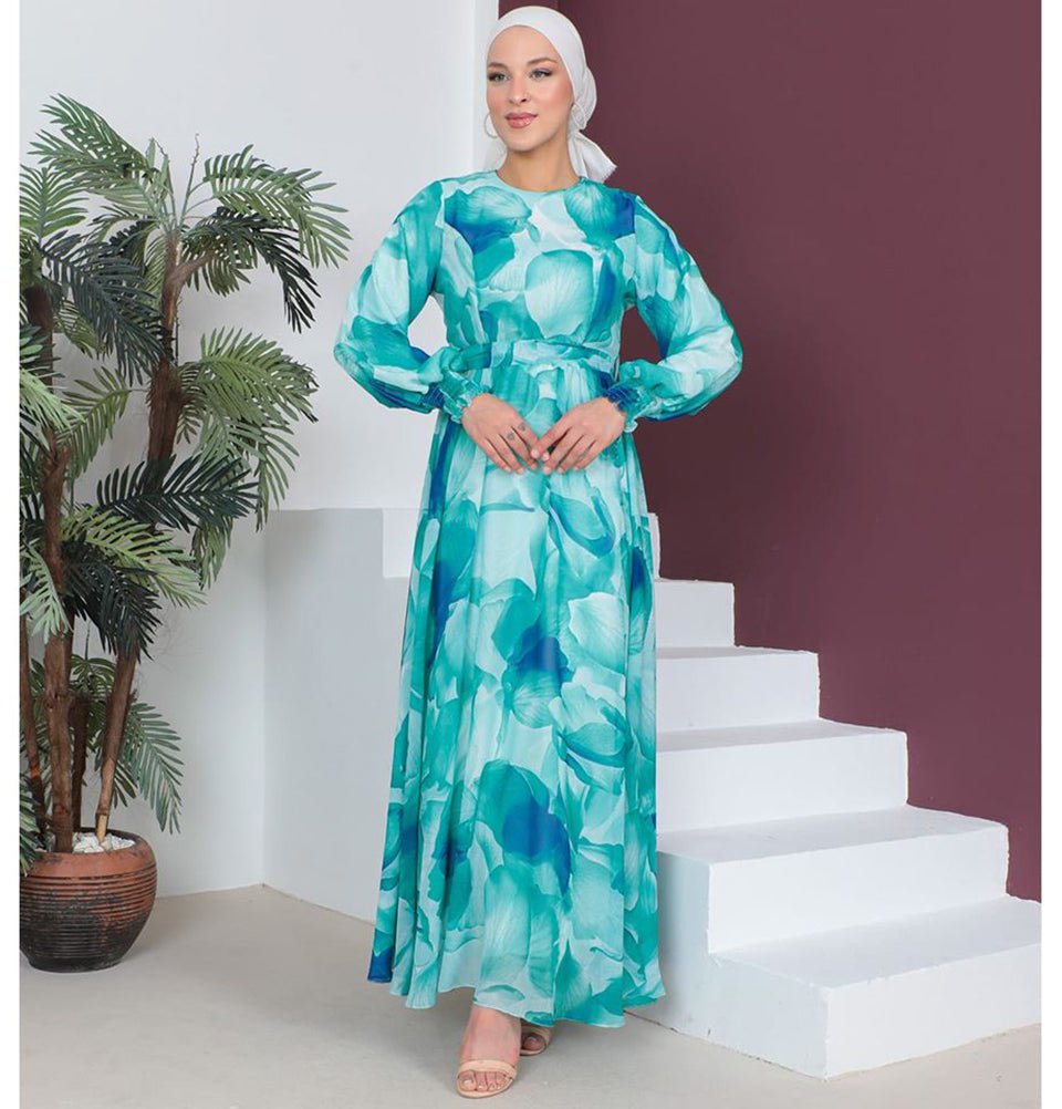 Modefa Dress Modest Women's Dress Flower Petal 7999-55 - Ocean Blue