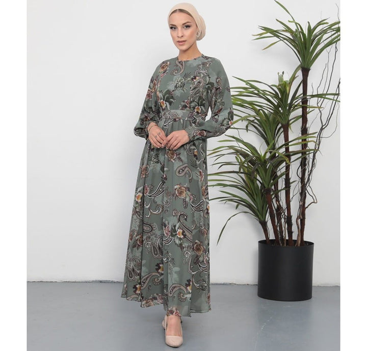 Modest Women's Dress Paisley Floral 7999-36 - Green Multicolored