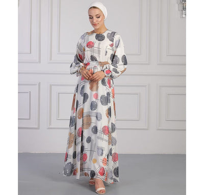 Modefa Dress Modest Women's Dress Spotted Abstract 7999-29 - Grey and Multicolored