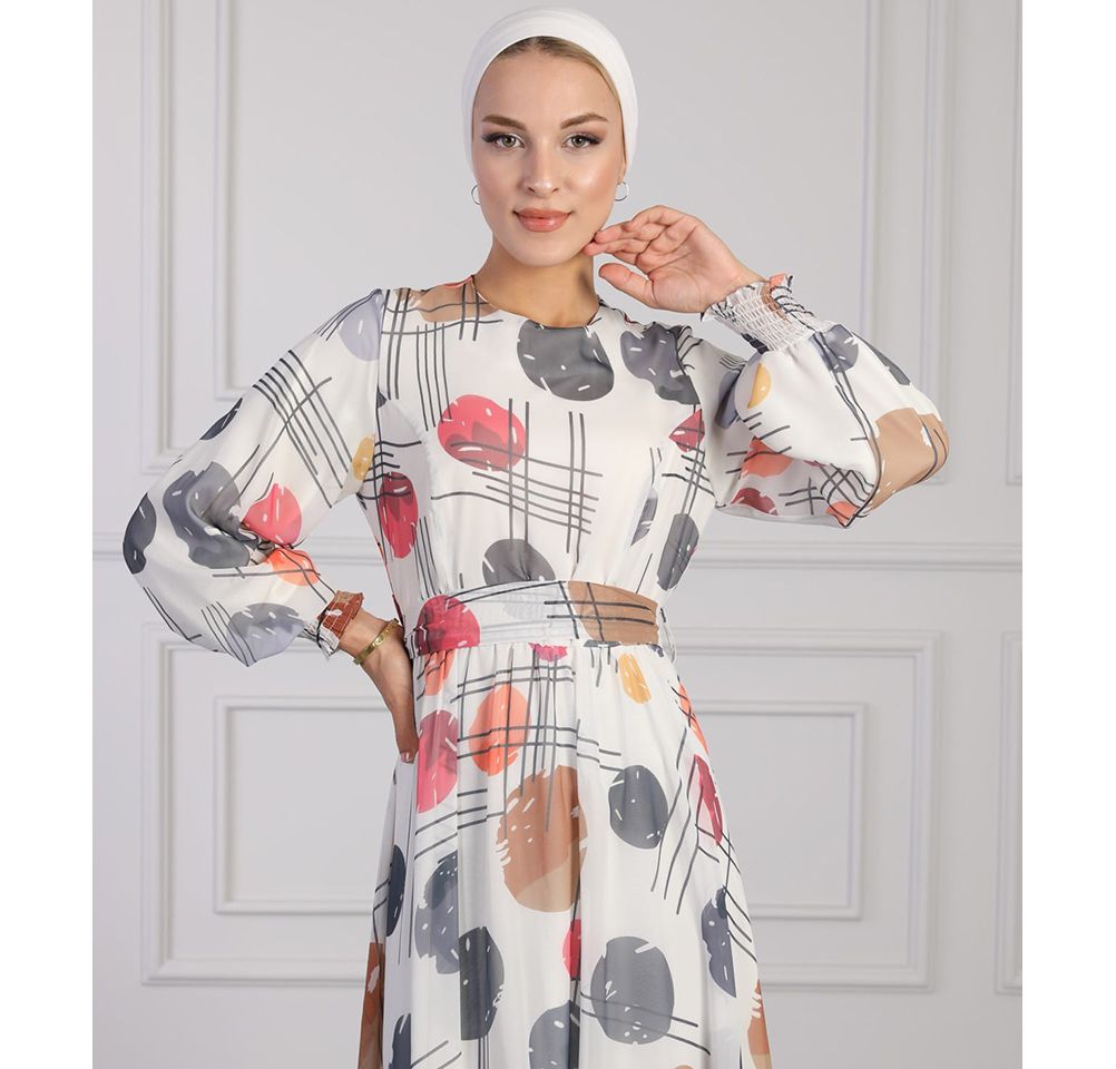 Modefa Dress Modest Women's Dress Spotted Abstract 7999-29 - Grey and Multicolored
