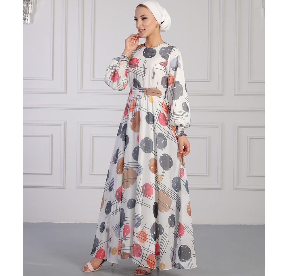 Modefa Dress Modest Women's Dress Spotted Abstract 7999-29 - Grey and Multicolored