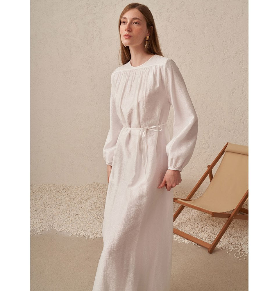 Modest Women's Pleated Shoulder Panel Dress - 60200 White