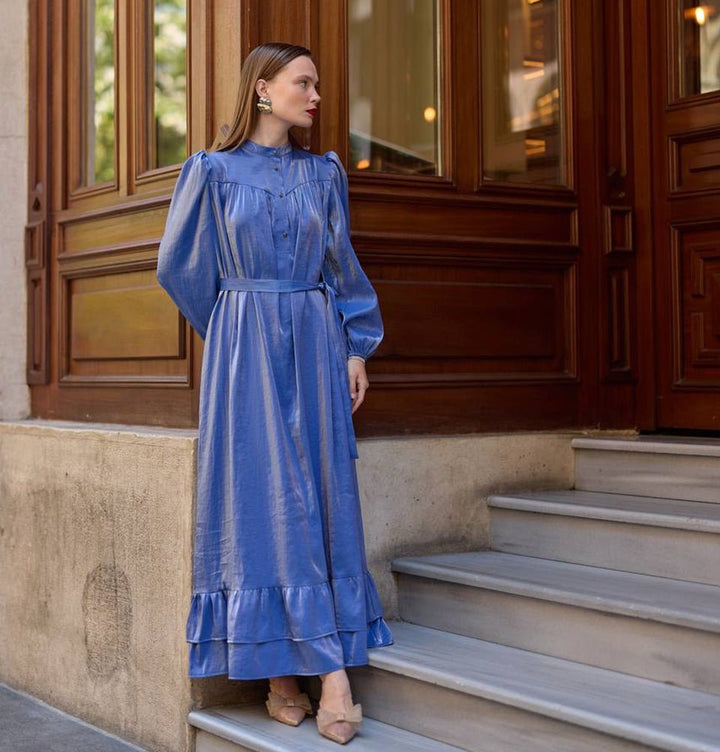 Modest Women's Satin Dress 24559 - Blue Modest Women's Satin Dress 24559 - Blue