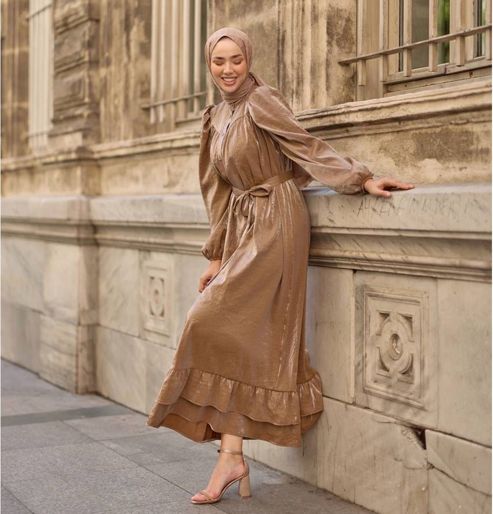 Modest Women's Satin Dress 24559 - Gold Modest Women's Satin Dress 24559 - Gold