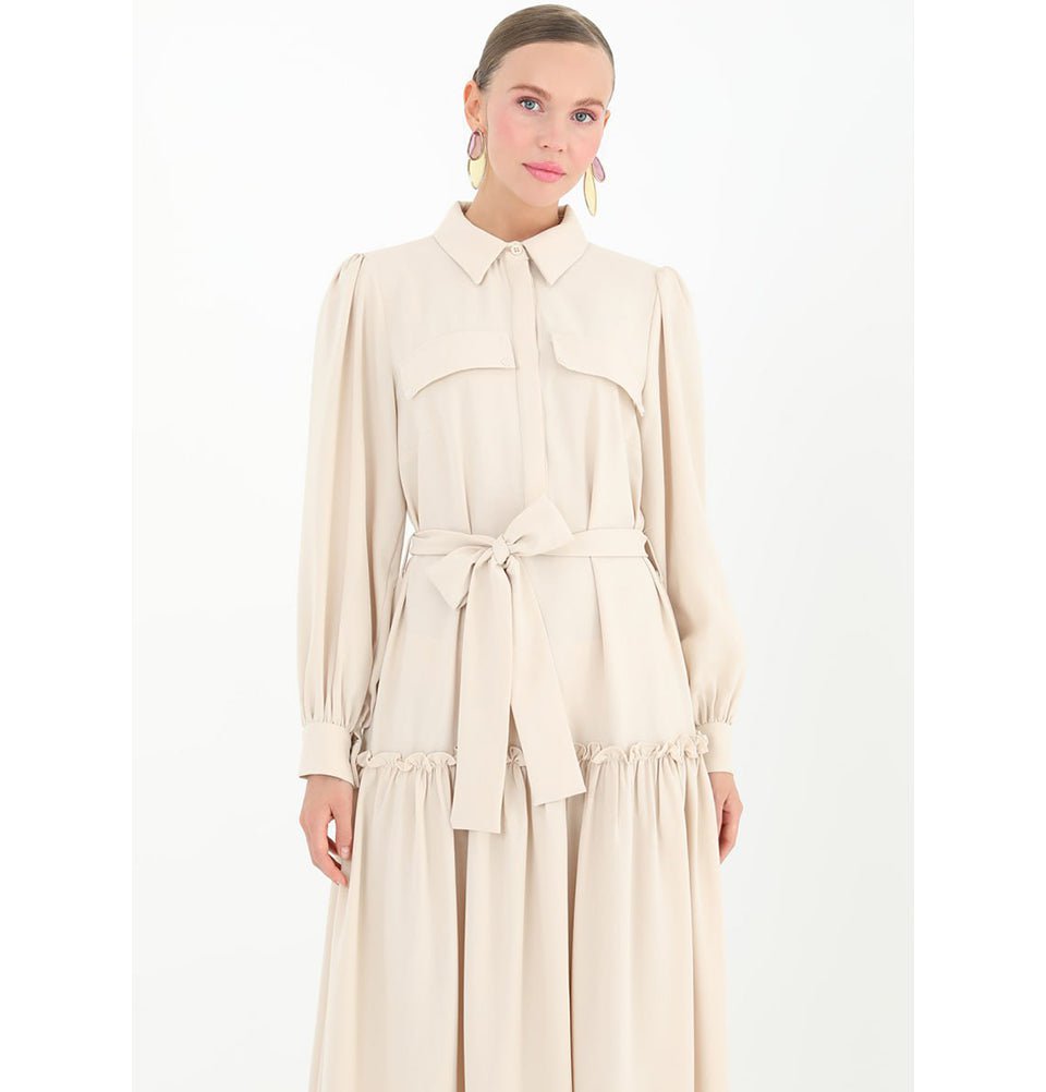 beige shirt dress women Beige Button-Front Shirt Dress