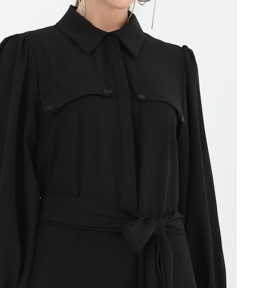 black silk shirt dress long sleeve Modest Women's Shirt Dress 12502