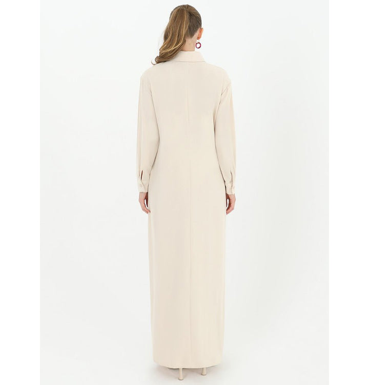 beige shirt dress women 550-1 Midi shirtdress with gold buttons, ties and short sleeves - beige