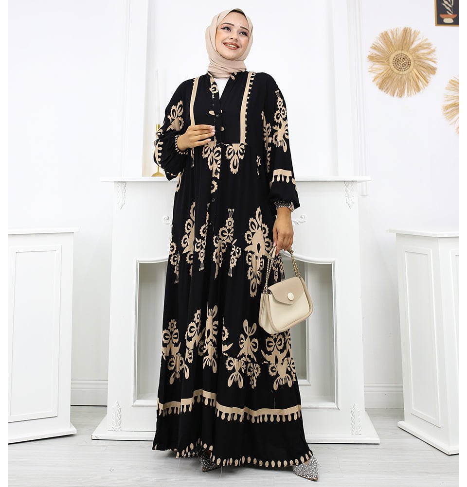 Modefa Dress Modest Women's Summer Florya Dress - Black & Beige