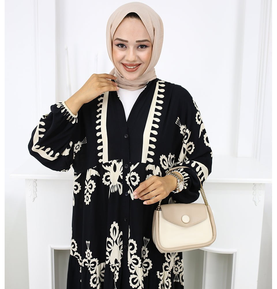 Modefa Dress Modest Women's Summer Florya Dress - Black & White