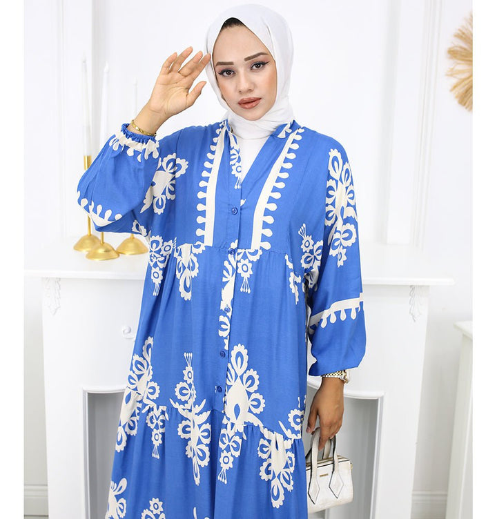 Modest Women's Summer Florya Dress - Blue & White