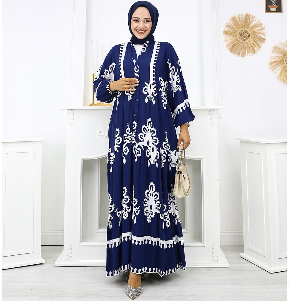 Modefa Dress Modest Women's Summer Florya Dress - Navy Blue & White