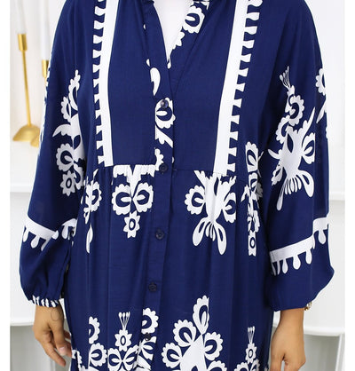 Modefa Dress Modest Women's Summer Florya Dress - Navy Blue & White