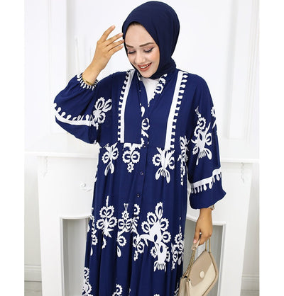 Modefa Dress Modest Women's Summer Florya Dress - Navy Blue & White