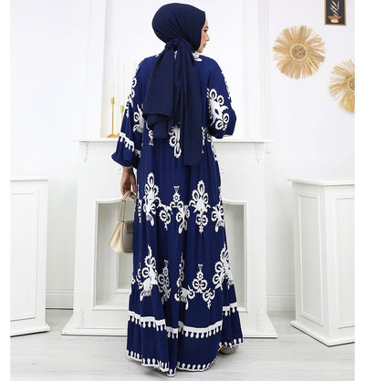 Modefa Dress Modest Women's Summer Florya Dress - Navy Blue & White