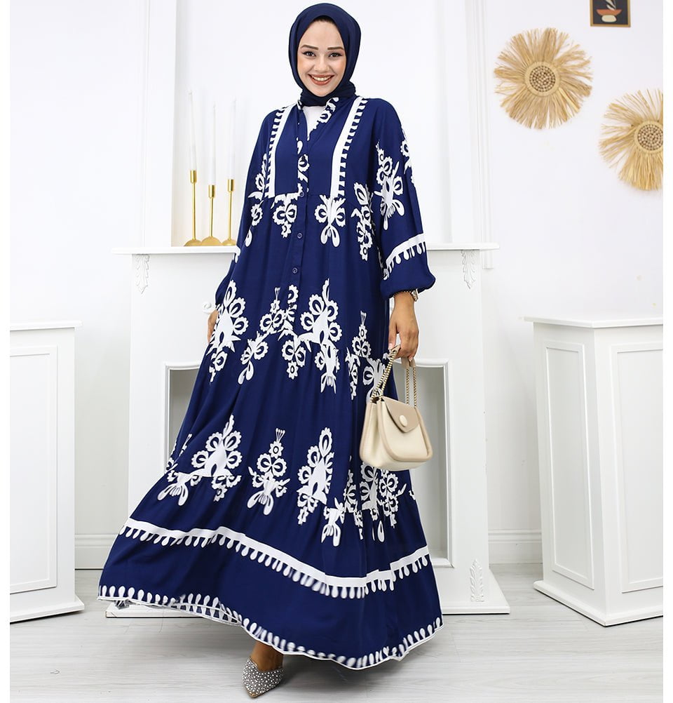 Modefa Dress Modest Women's Summer Florya Dress - Navy Blue & White