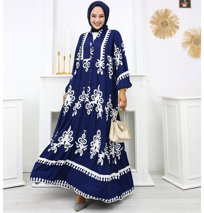 Modefa Dress Modest Women's Summer Florya Dress - Navy Blue & White