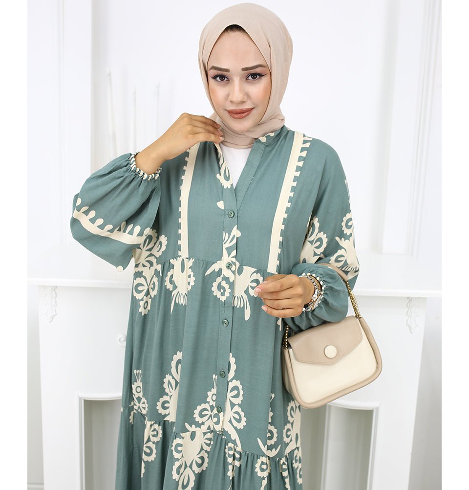 Modefa Dress Modest Women's Summer Florya Dress - Teal & Cream