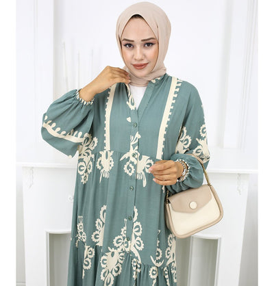 Modefa Dress Modest Women's Summer Florya Dress - Teal & Cream