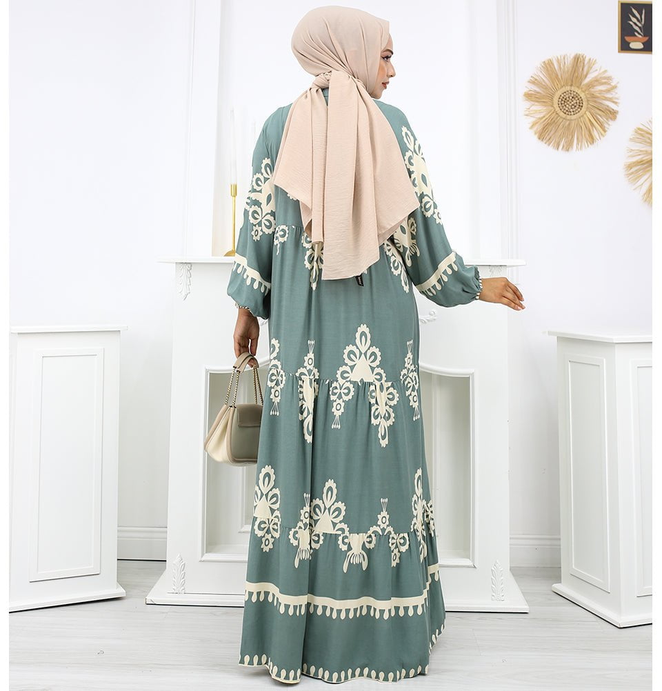 Modefa Dress Modest Women's Summer Florya Dress - Teal & Cream