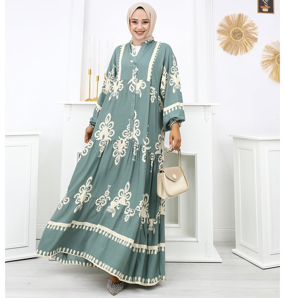 Modest Women's Summer Florya Dress - Teal & Cream Modest Women's Summer Florya Dress - Teal & Cream