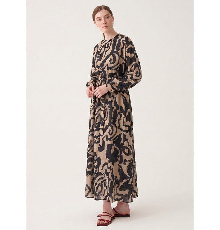 Modest Women's Tie-Waist Abstract Printed Dress