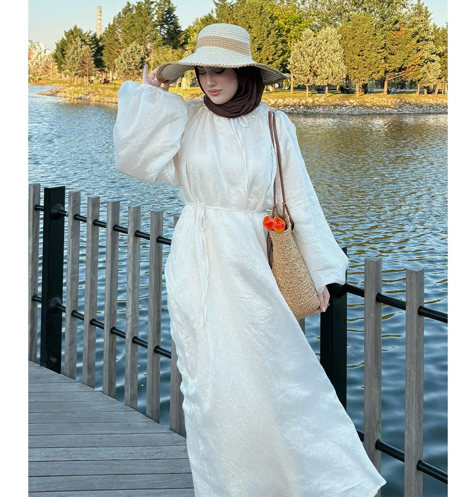 long sleeve white maxi dress modest Women's Gathered Neck Tulle Dresses & Skirts for Pure Color Elegant off Skirt/Dress length type:Regular