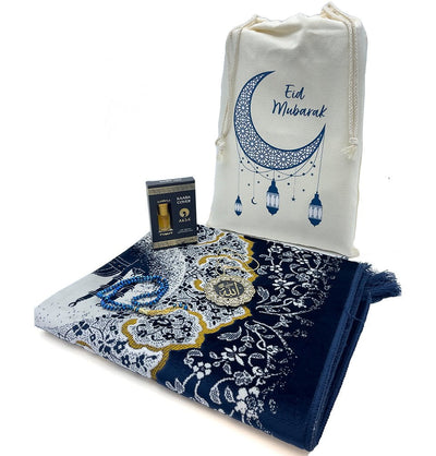 Modefa Gift Bag Blue Eid Mubarak Gift Bag Set with Prayer Mat, Prayer Beads, Car Hanger, & Rollerball Perfume - Blue