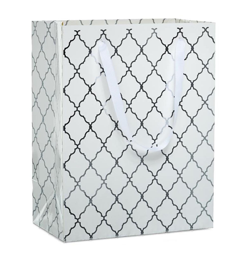 Modefa Gift Wrap Euro Tote Paper Gift Bag - Moroccan Lattice White & Silver