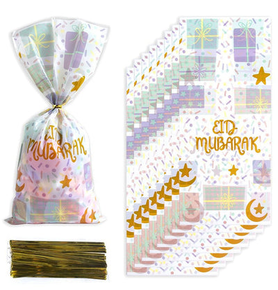 Modefa Gift Wrap Party Favor Treat Bags - Eid Mubarak White & Gold - Set of 10