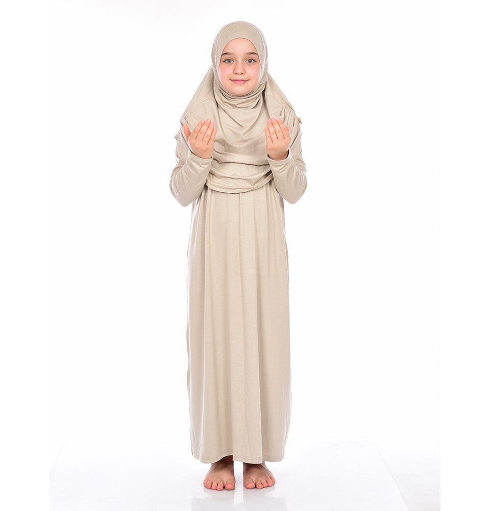 Modefa Girl's Dress Modest Muslim Girl’s Practical One Piece Prayer Dress - Beige