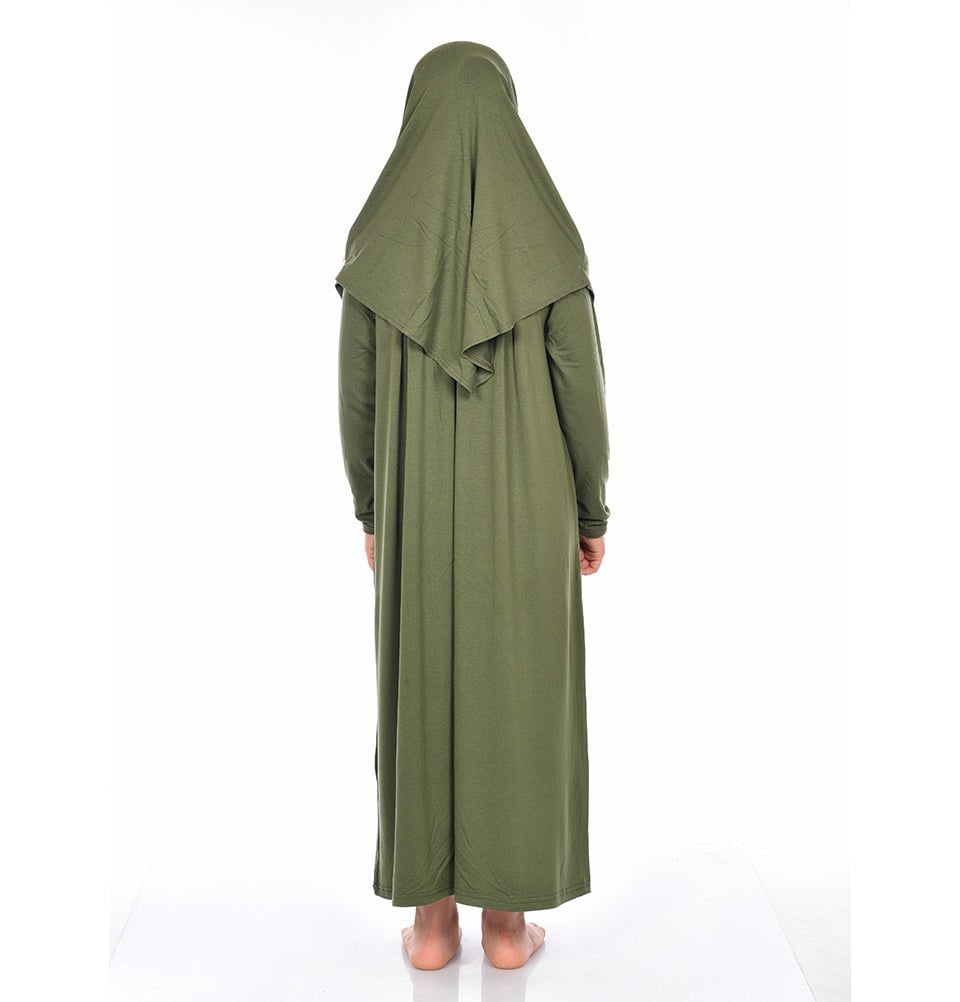 Modefa Girl's Dress Modest Muslim Girl’s Practical One Piece Prayer Dress - Olive Green