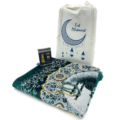 Modefa Green Eid Mubarak Gift Bag Set with Prayer Mat, Prayer Beads, Car Hanger, & Rollerball Perfume - Green