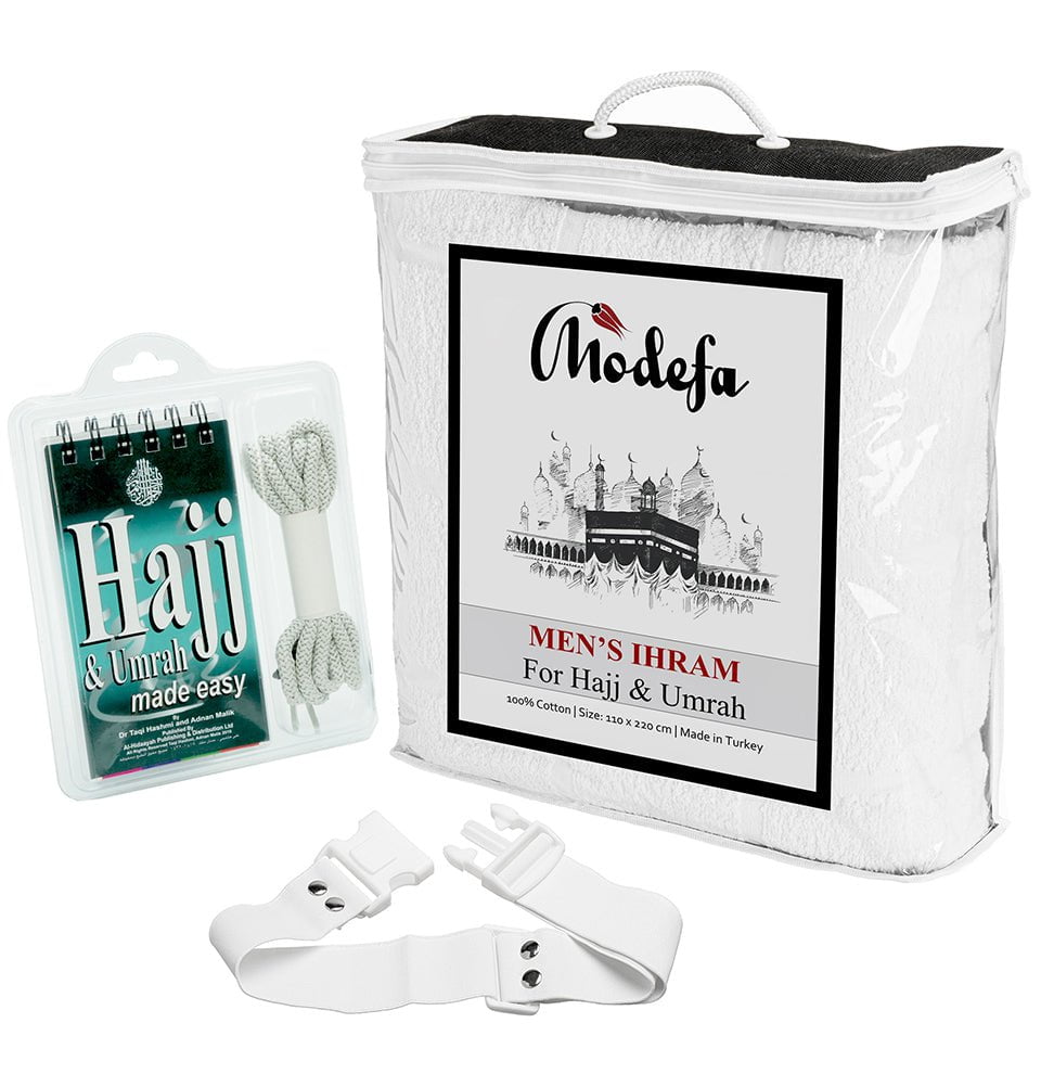 Modefa Ihram COMBO: Men's Cotton Ihram Set + Belt + Hajj Umrah Booklet