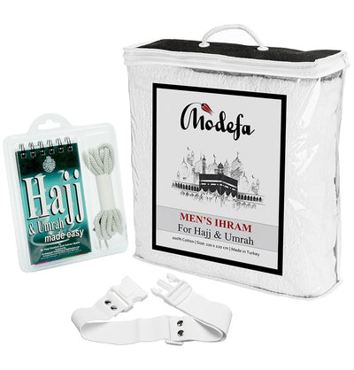 Modefa Ihram COMBO: Men's Cotton Ihram Set + Belt + Hajj Umrah Booklet