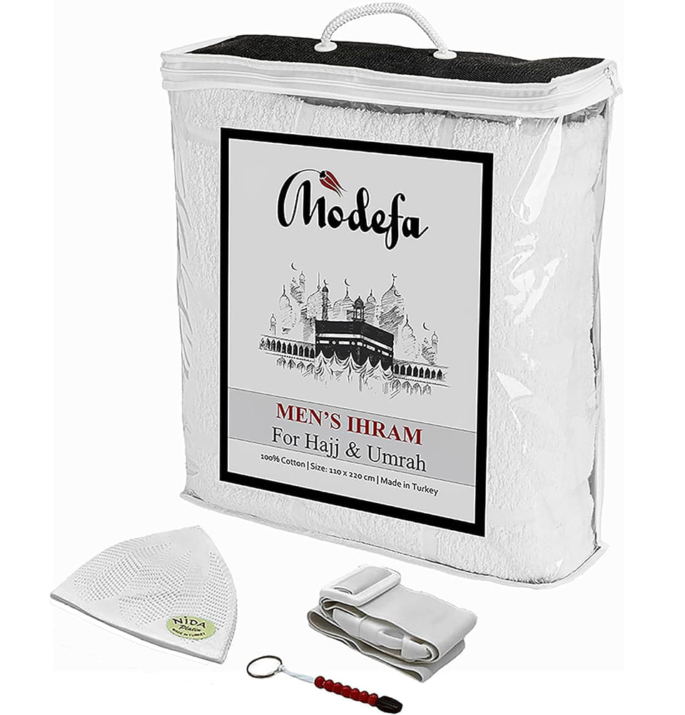 Modefa Ihram COMBO: Men's Cotton Ihram Set + Belt + Kufi + Tawaf Tasbih