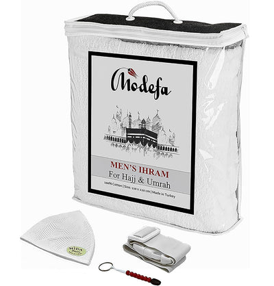 Modefa Ihram COMBO: Men's Cotton Ihram Set + Belt + Kufi + Tawaf Tasbih