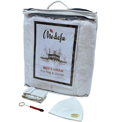 Modefa Ihram COMBO: Men's Cotton Ihram Set + Belt + Kufi + Tawaf Tasbih