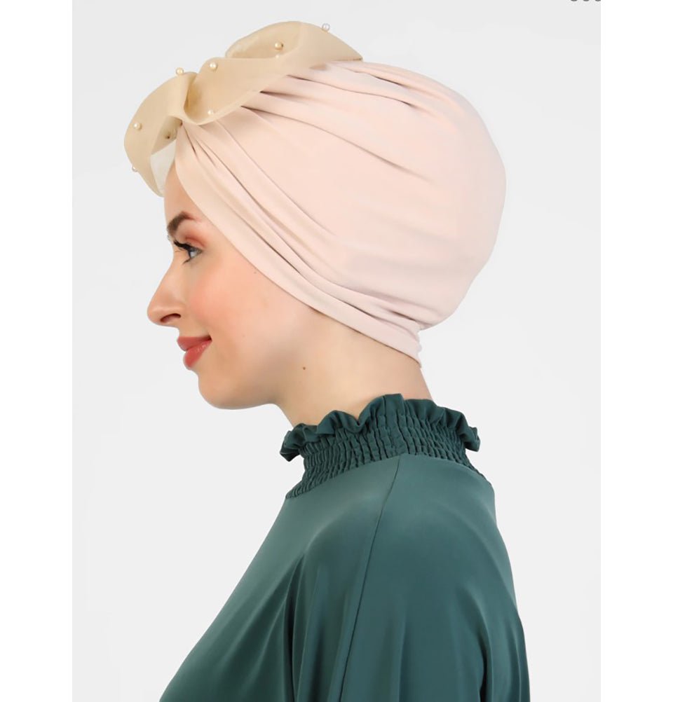 Modefa Instant Hijabs Beige Pearled Lace Petal Turban Hijab - Beige