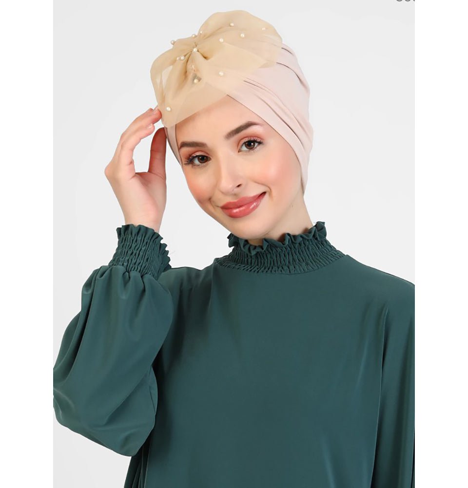 Modefa Instant Hijabs Beige Pearled Lace Petal Turban Hijab - Beige