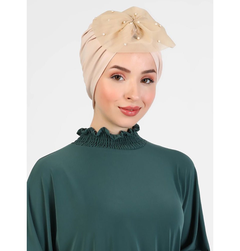 Modefa Instant Hijabs Beige Pearled Lace Petal Turban Hijab - Beige