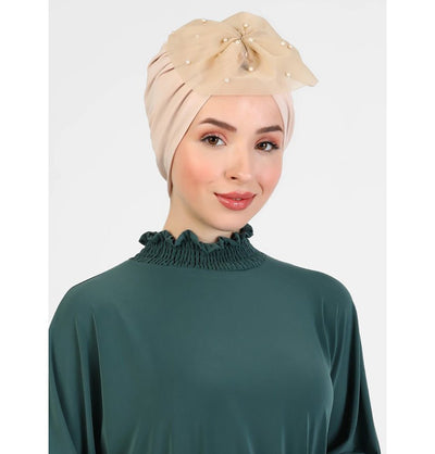 Modefa Instant Hijabs Beige Pearled Lace Petal Turban Hijab - Beige