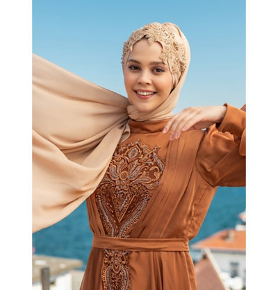 Modefa Instant Hijabs Beige with Brown Beads Lux Chiffon Evening Shawl Instant Hijab with Floral Sequined Bonnet - Beige with Brown Beads