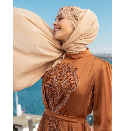 Modefa Instant Hijabs Beige with Brown Beads Lux Chiffon Evening Shawl Instant Hijab with Floral Sequined Bonnet - Beige with Brown Beads