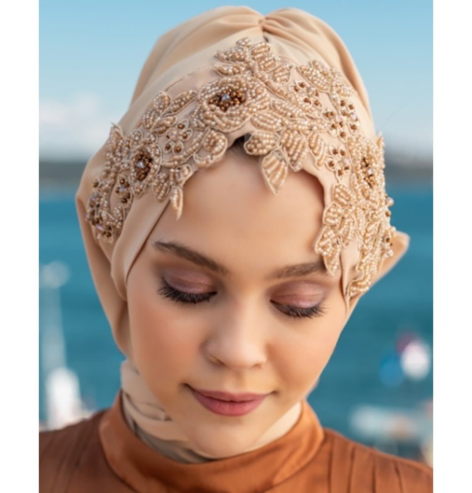Modefa Instant Hijabs Beige with Brown Beads Lux Chiffon Evening Shawl Instant Hijab with Floral Sequined Bonnet - Beige with Brown Beads